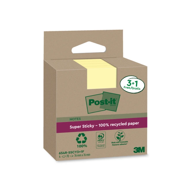 Memoblok 3M Post-it 654 RSSCOL 76x76mm geel 3+1 gratis
