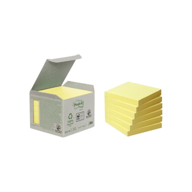 Memoblok Post-it 654-1B 76x76mm recycled geel 6 stuks