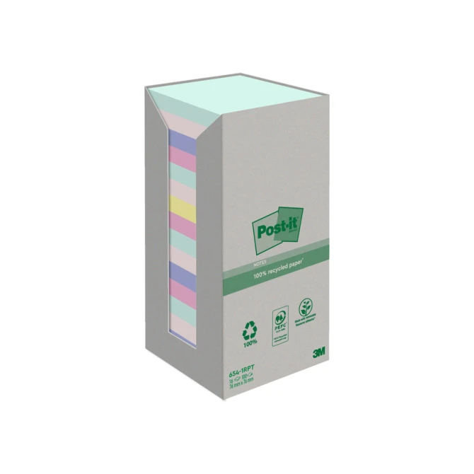 Memoblok Post-it 654-RTP 76x76mm recycled rainbow pastel 16 stuks