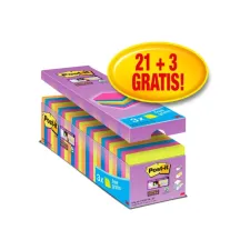 Memoblok Post-it 654 Super Sticky 76x76mm 21+3 gratis assorti