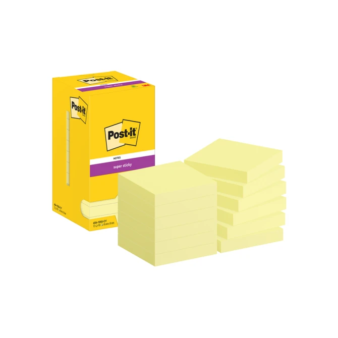 Memoblok Post-it 654 Super Sticky 76x76mm canary yellow 12 stuks