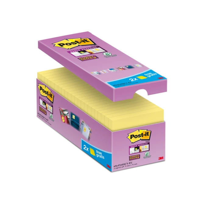 Memoblok Post-it 654 Super Sticky 76x76mm geel 14+2 gratis