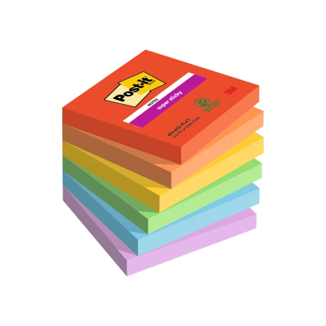Memoblok Post-it 654 Super Sticky 76x76mm Playful 6 stuks
