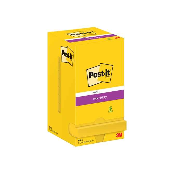 Memoblok Post-it 654 Super Sticky 76x76mm ultrageel 12 stuks