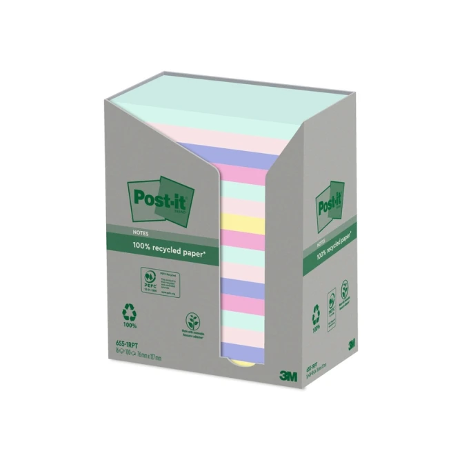 Memoblok Post-it 655-RPT 76x127mm recycled rainbow pastel 16 stuks Memoblok Post-it 655-RPT 76x127mm recycled rainbow pastel 16 stuks