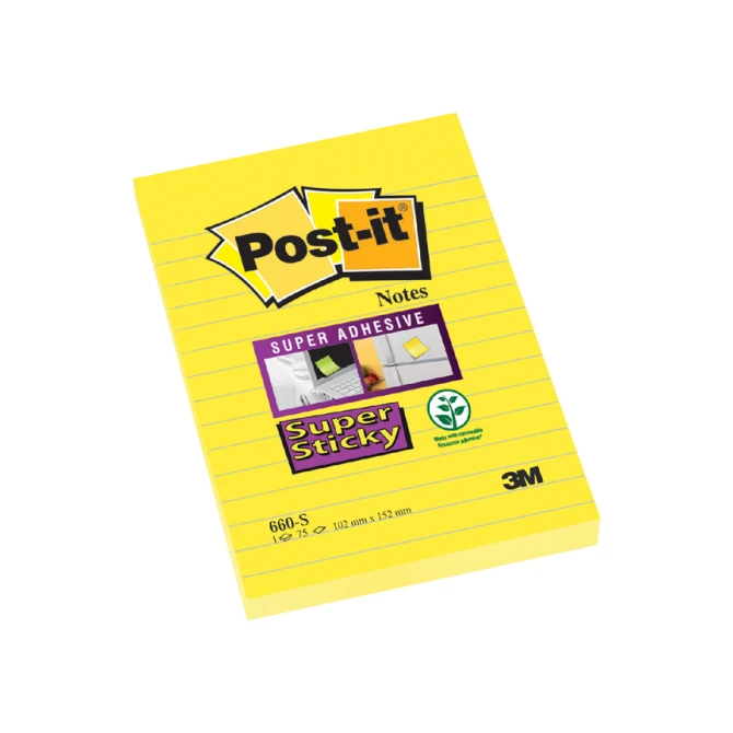 Memoblok Post-it 660 Super Sticky 102x152 geel met lijn 75 vel
