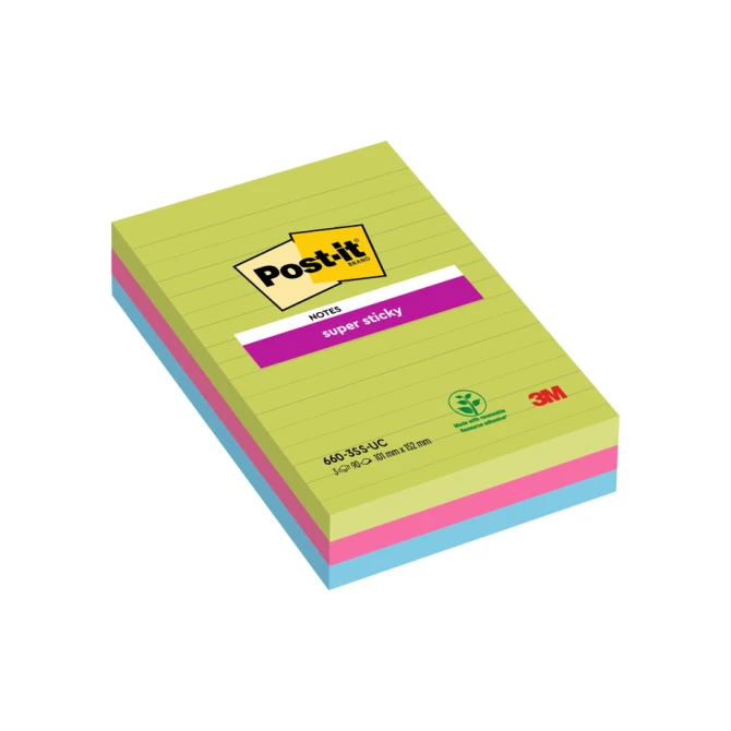 Memoblok Post-it 660 Super Sticky 102x152mm lijn rainbow 3 stuks