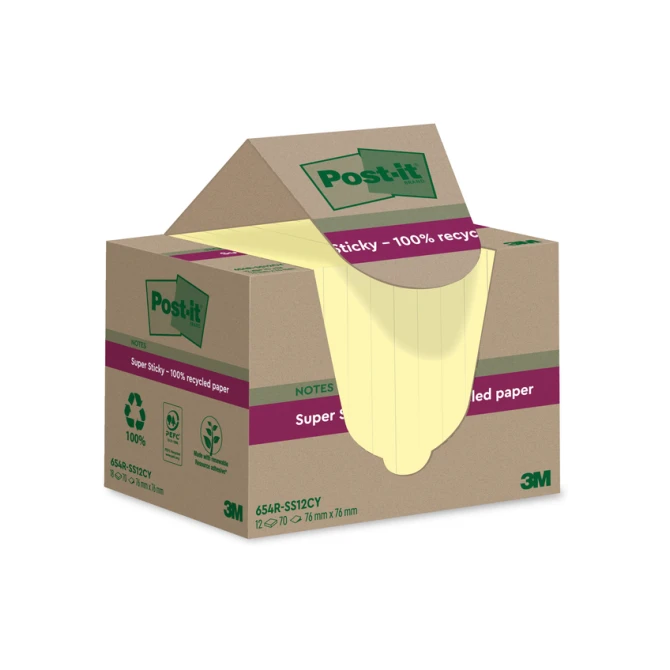 Memoblok Post-it Super Sticky 654 RSS12CY recycled 76x76mm canary yellow 12 stuks Memoblok Post-it Super Sticky 654 RSS12CY recycled 76x76mm canary yellow 12 stuks