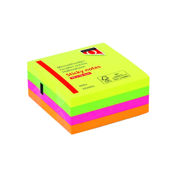 Memoblok Quantore 76x76mm neon kleuren assorti 4 kleuren 400 vel