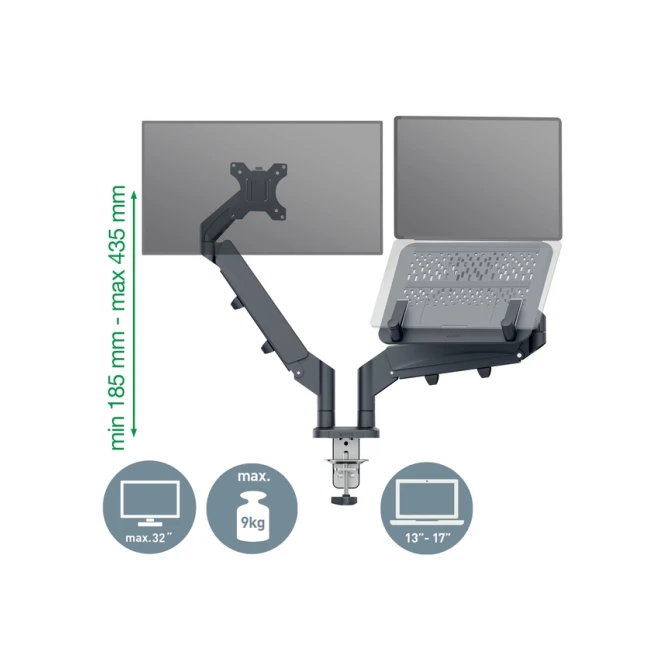 Monitor- en laptoparm Leitz Ergo ruimtebesparend dubbel donkergrijs