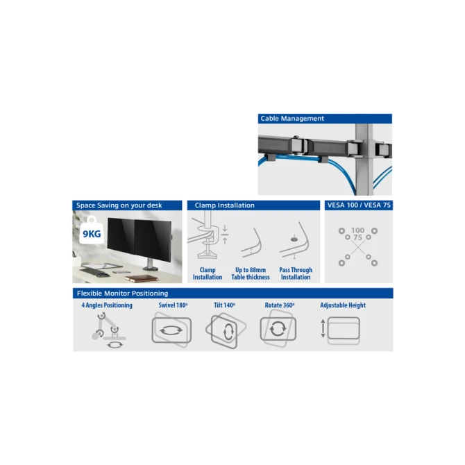 Monitorarm ACT office 2 schermen zilver Monitorarm ACT office 2 schermen zilver