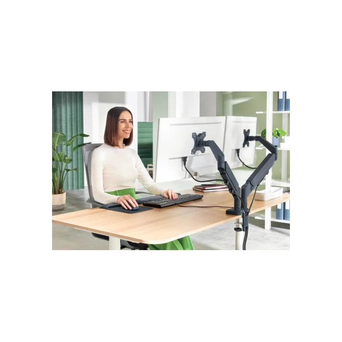 Monitorarm Leitz Ergo ruimtebesparend dubbel donkergrijs
