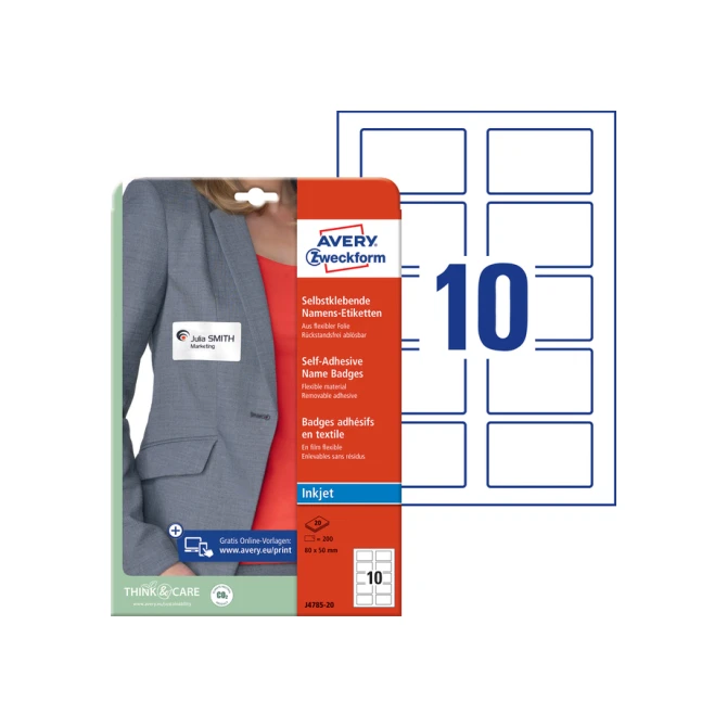 Naambadge etiket Avery Zweckform J4785-20 80x50mm wit 200 etiketten