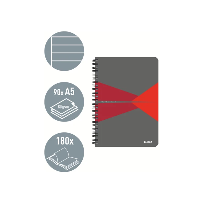 Notitieboek Leitz Office A5 lijn 180 pagina's 80gr grijs rood