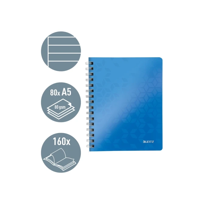Notitieboek Leitz WOW A5 spiraal PP lijn blauw