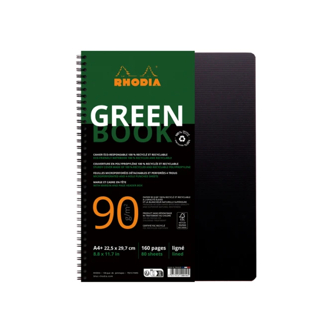 Notitieboek Rhodia Greenbook A4+ lijn 4-gaats 180 pagina's 90gr zwart