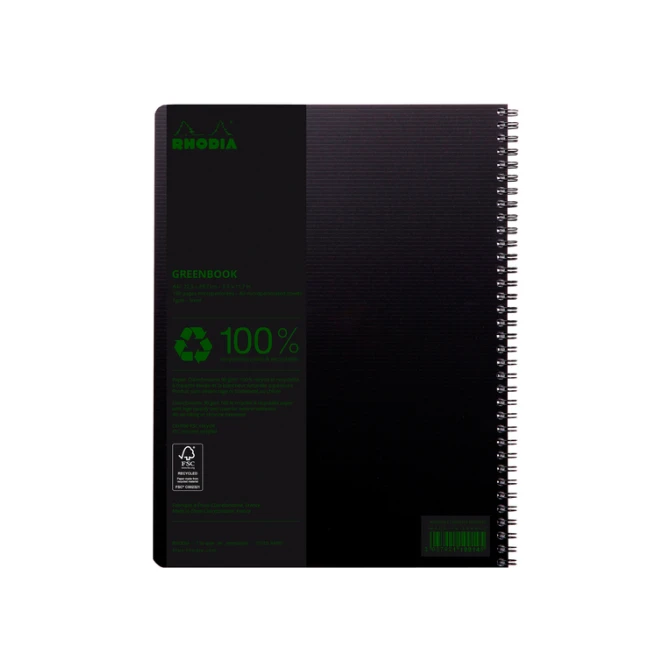 Notitieboek Rhodia Greenbook A4+ lijn 4-gaats 180 pagina's 90gr zwart