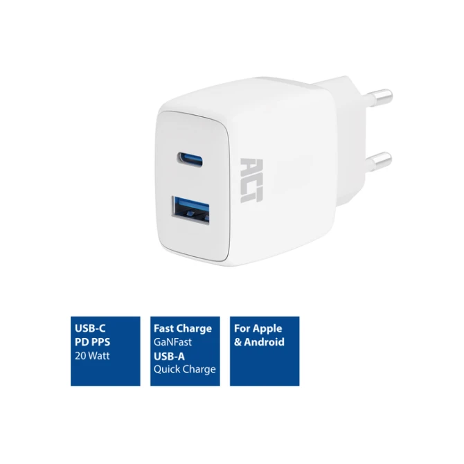 Oplader ACT 20w 2-poorts usb a+c wit