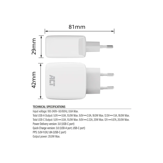 Oplader ACT 20w 2-poorts usb a+c wit