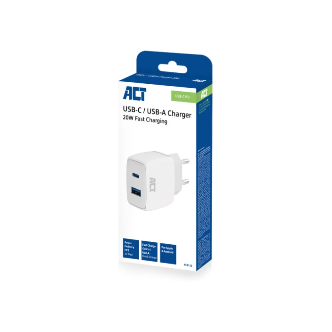 Oplader ACT 20w 2-poorts usb a+c wit