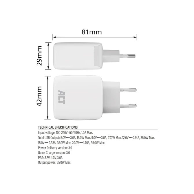 Oplader ACT 35w 1-poort usb c wit