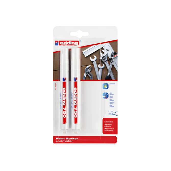 Paintmarker edding 750 op oliebasis 2-4mm wit blister à 2 stuks