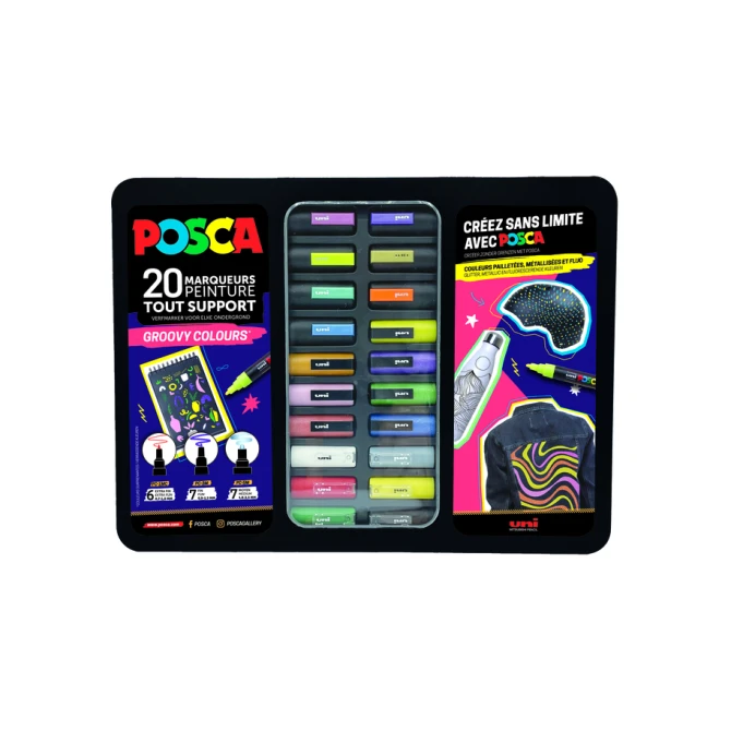 Paintmarker Uni POSCA Groovy Colours assorti metalen koffer à 20 stuks