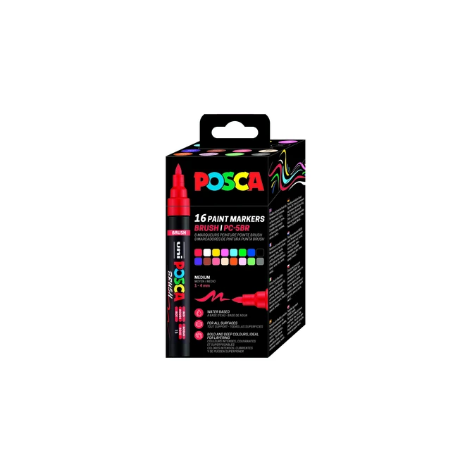 Paintmarker Uni POSCA PC-5BR brushpunt medium set à 16 kleuren
