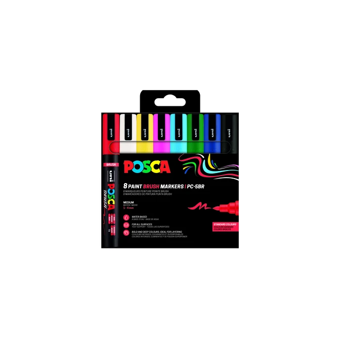 Paintmarker Uni POSCA PC-5BR brushpunt medium set à 8 kleuren