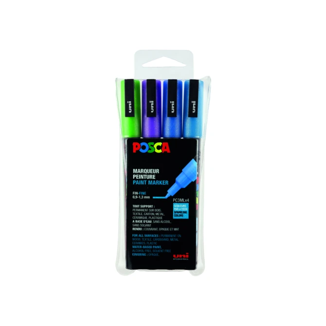 Paintmarker Uni POSCA PC3M fijn glitter koel assorti set à 4 stuks