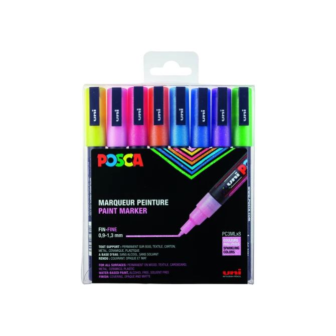 Paintmarker Uni POSCA PC3M fijn glitter pastel assorti set a 8 stuks