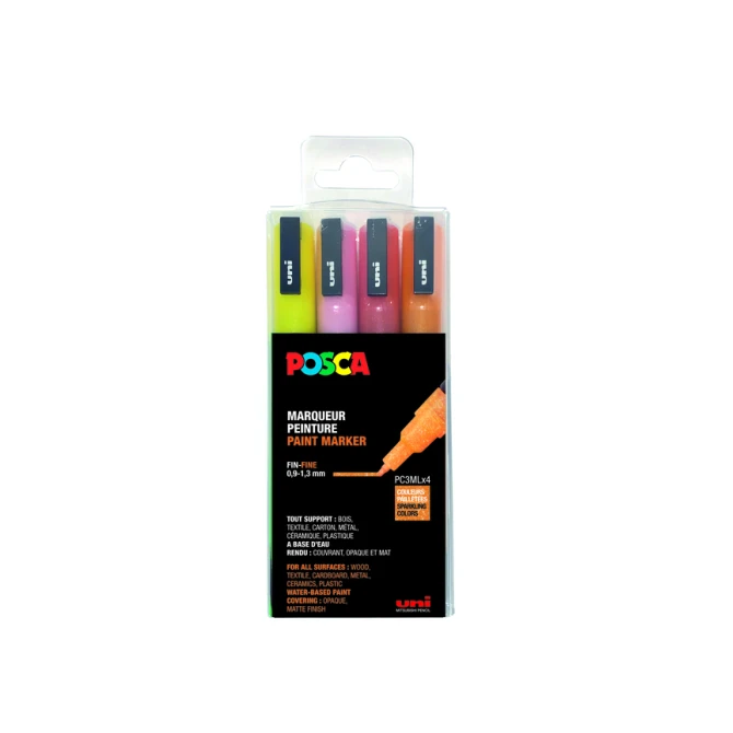 Paintmarker Uni POSCA PC3M fijn glitter warm assorti set à 4 stuks