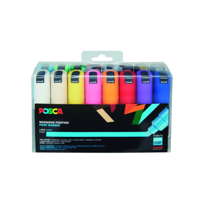 Paintmarker Uni POSCA PC8K breed schuin assorti set à 16 stuks