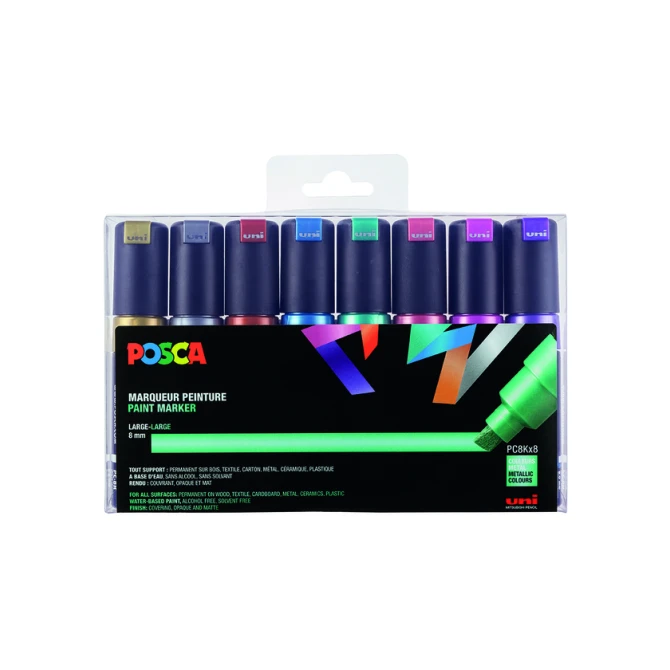 Paintmarker Uni POSCA PC8K breed schuin metallic assorti set à 8 stuks