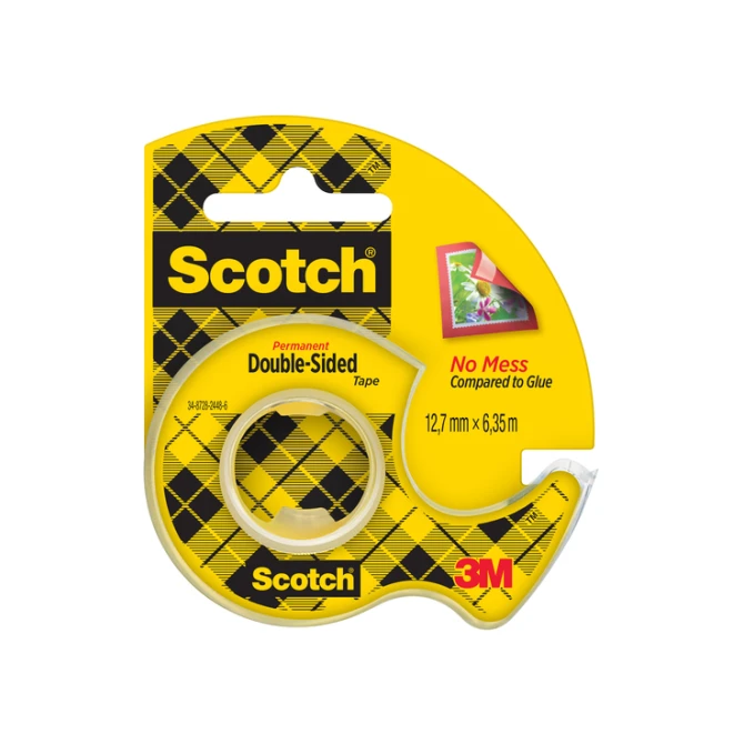Plakband Scotch 665 12mmx6.3m dubbelzijdig + afroller