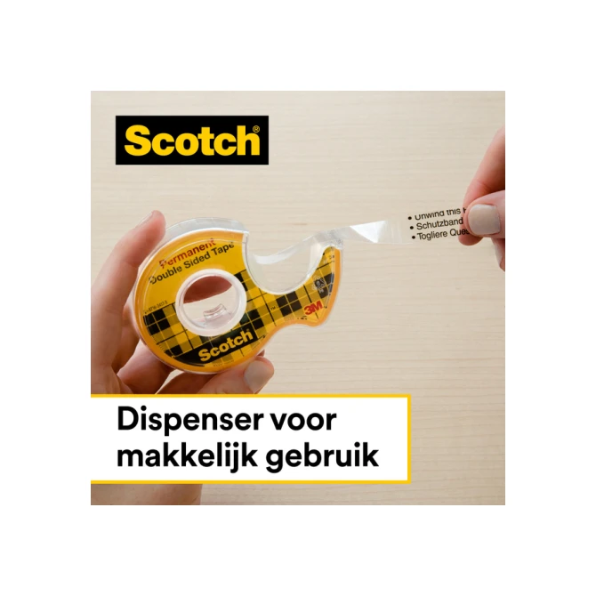 Plakband Scotch 665 12mmx6.3m dubbelzijdig + afroller