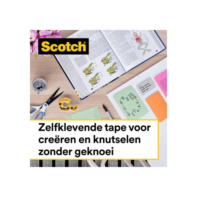 Plakband Scotch 665 12mmx6.3m dubbelzijdig + afroller