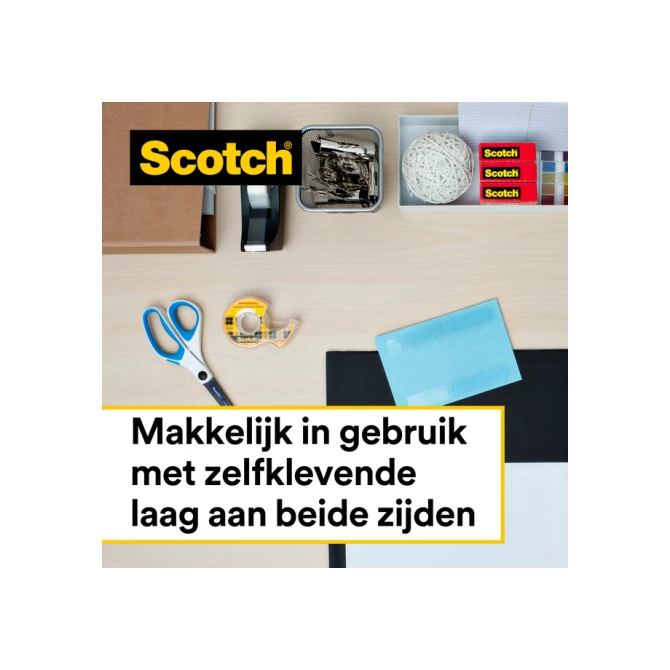 Plakband Scotch 665 12mmx6.3m dubbelzijdig + afroller