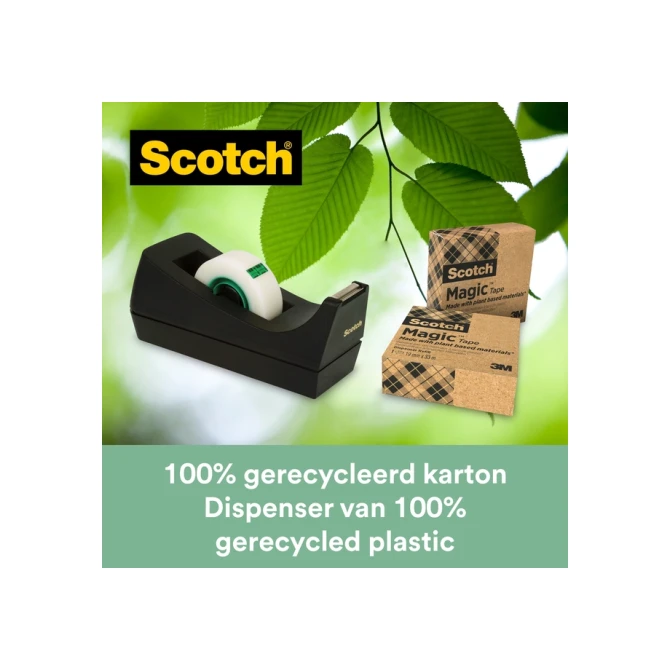 Plakbandhouder Scotch C38 recycled zwart + 3rol magic tape 900 19mmx33m