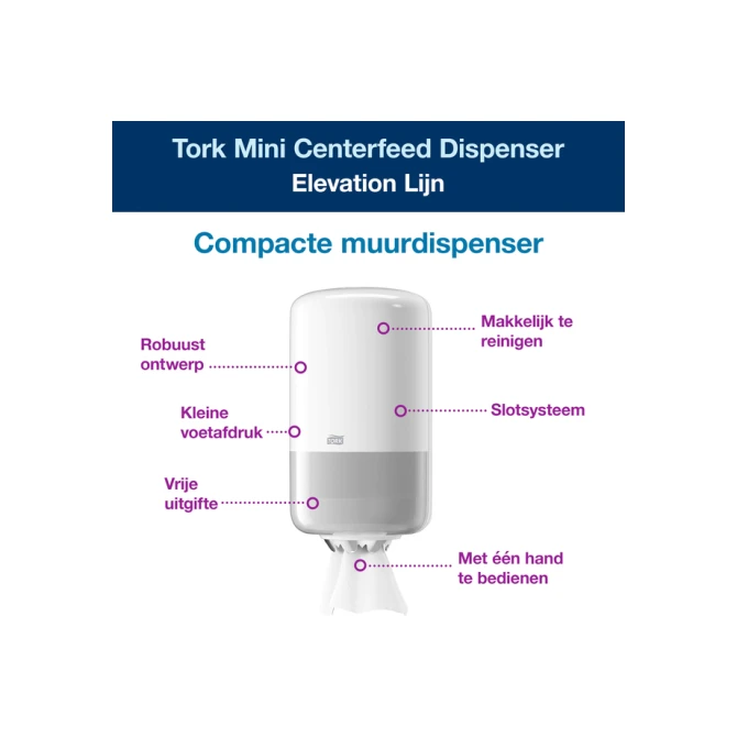 Poetspapierdispenser Tork M1 Elevation klein wit 558000