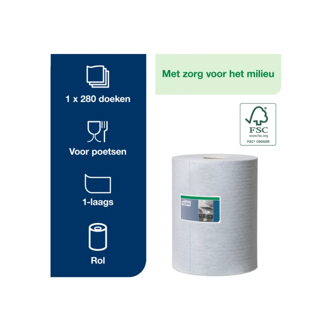 Reinigingsdoek Tork W1-W2-W3 Premium Heavy-Duty 1-laags 280 vel blauw 530237
