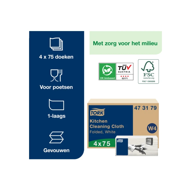 Reinigingsdoek Tork W4 Premium gevouwen 1-laags 4x75 vel wit 473179