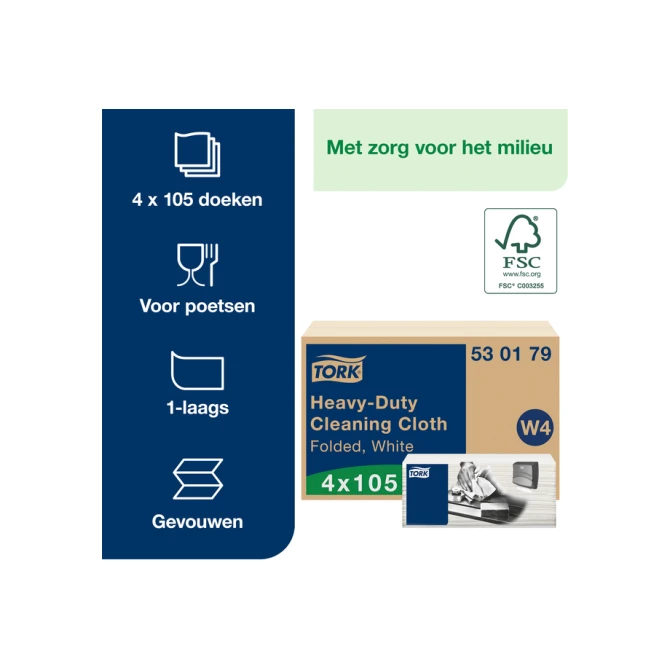 Reinigingsdoek Tork W4 Premium Heavy-Duty gevouwen 1-laags 4x105 vel wit 530179