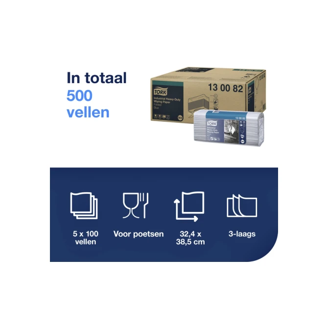 Reinigingsdoek Tork W4 Premium Industrial Heavy-Duty gevouwen 3-laags 5x100 vel blauw 130082