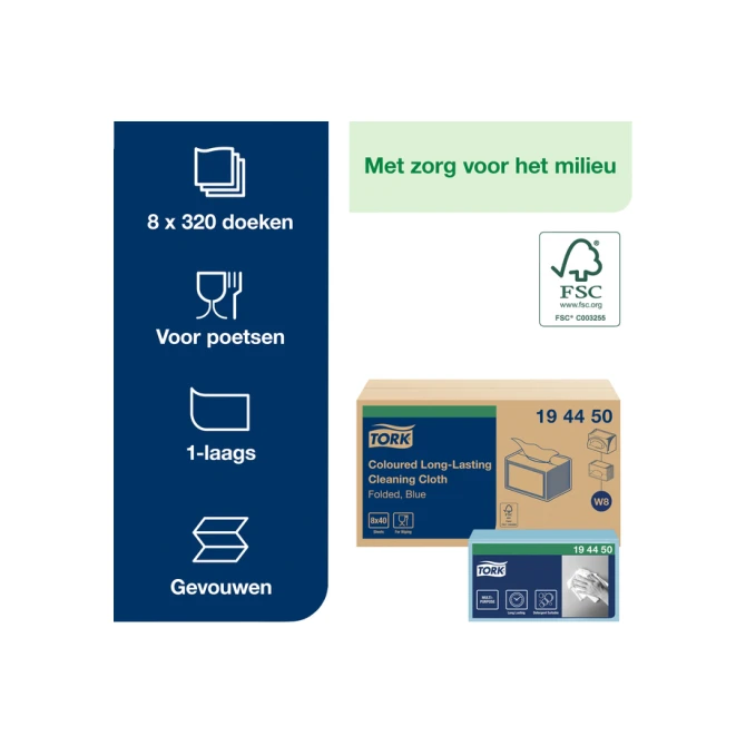 Reinigingsdoek Tork W8 Premium 1-laags 40 vel blauw 194450