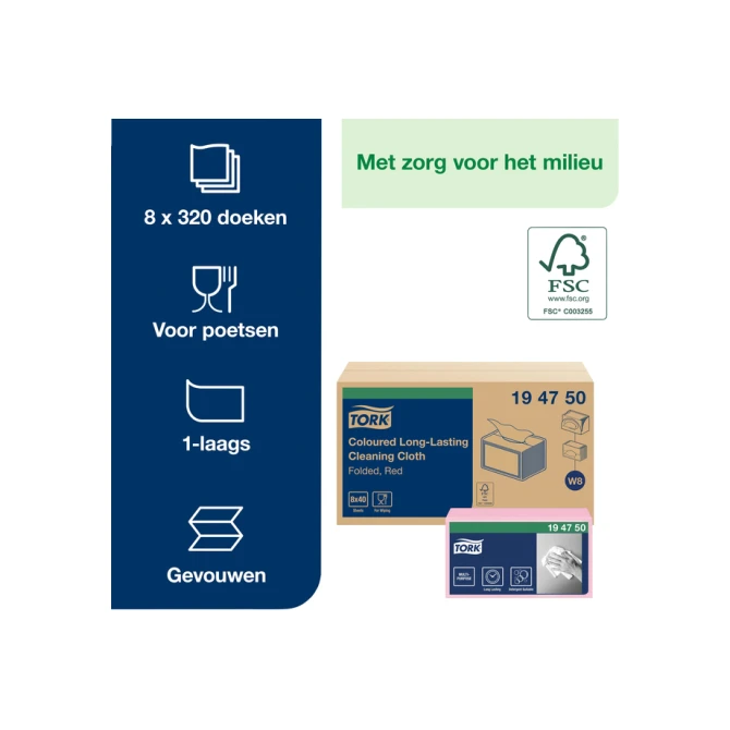 Reinigingsdoek Tork W8 Premium 1-laags 40 vel rood 194750