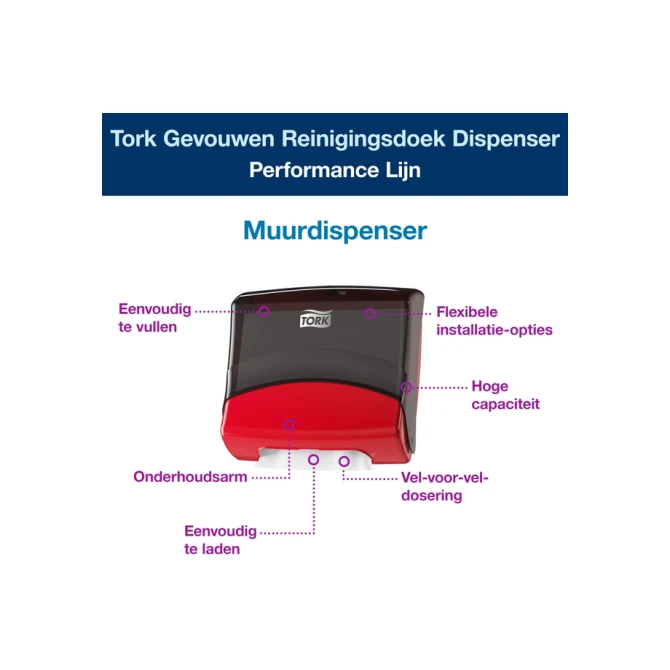 Reinigingsdoekdispenser Tork W4 Performance gevouwen rood 654008