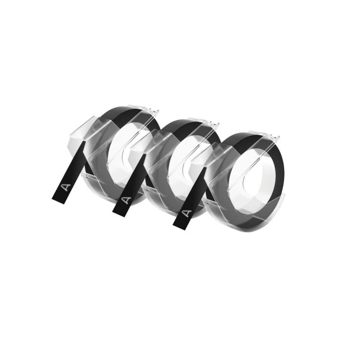 Reliëftape Dymo embossing plastic 9mm zwart op wit 3 stuks