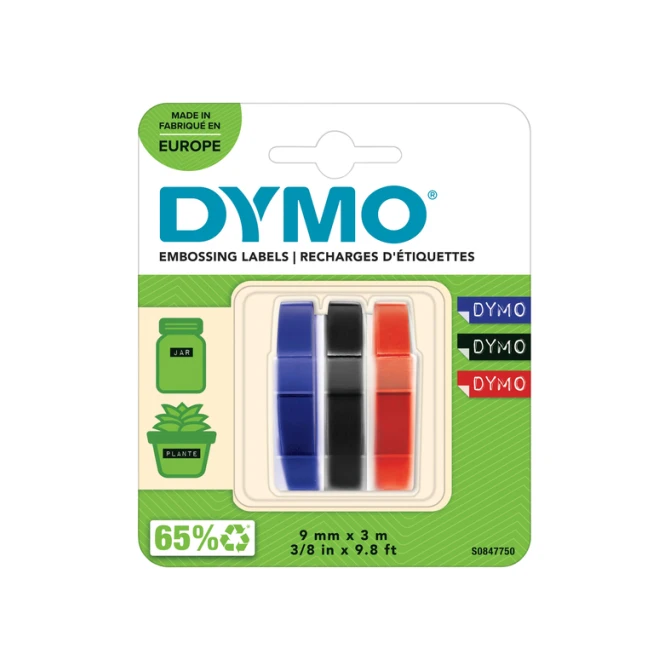 Reliëftape Dymo embossing vinyl 9mm assorti 3 stuks