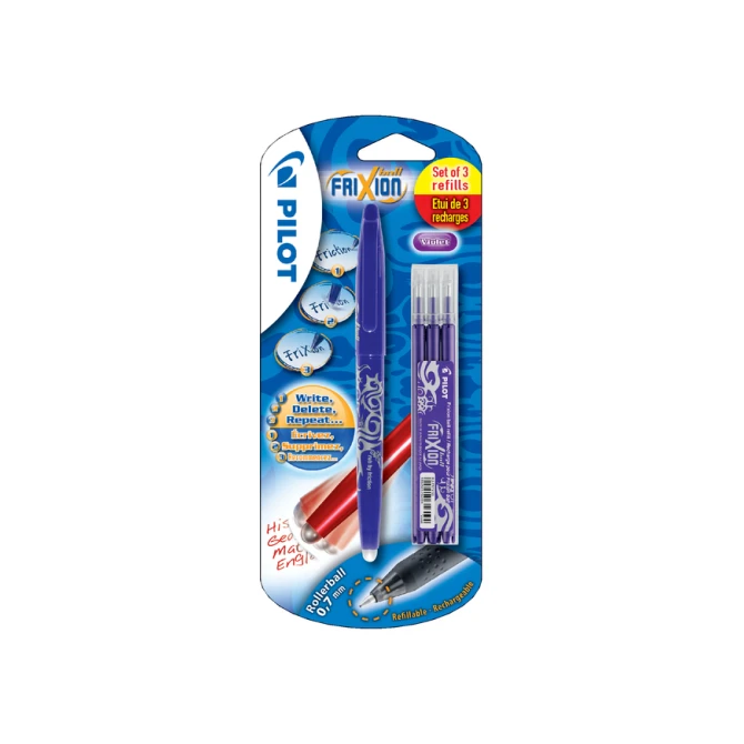 Rollerpen PILOT friXion medium paars blister à 1 stuk + 3 vullingen